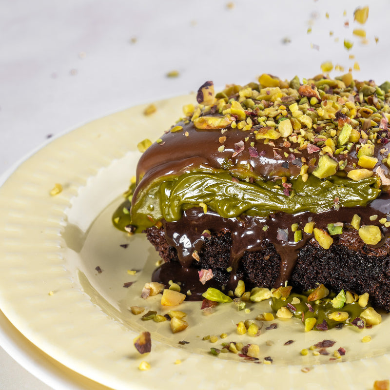 Pistachio chocolate cake slice